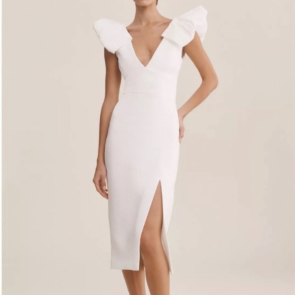 Rebecca Vallance Puff Sleeve, V-neck Midi White Dress. Size 2
